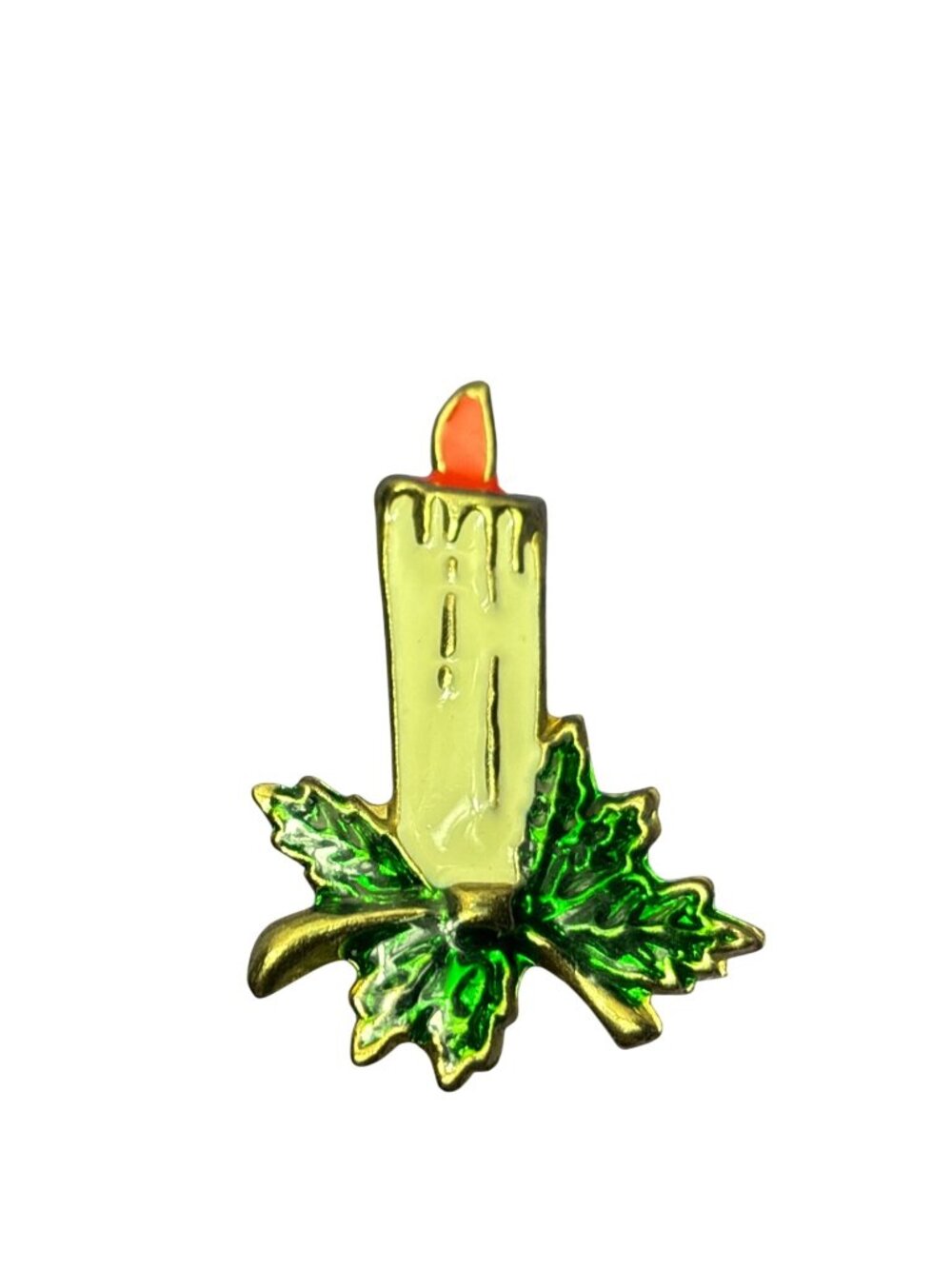 Vtg Christmas Candle Brooch Pin Goldtone Enameled Cream Green Red C Clasp